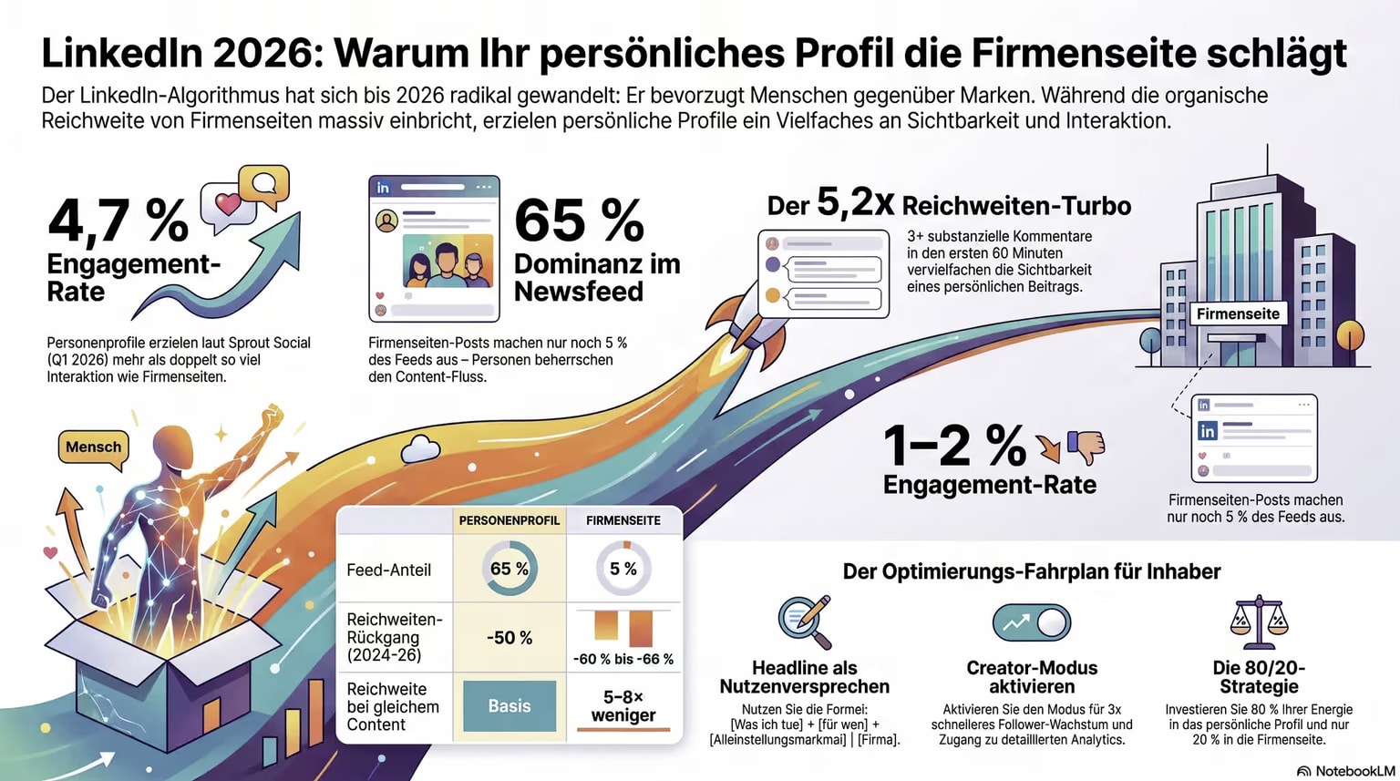 LinkedIn Personenprofil vs. Firmenseite — Reichweite und Engagement-Rate im Vergleich 2026