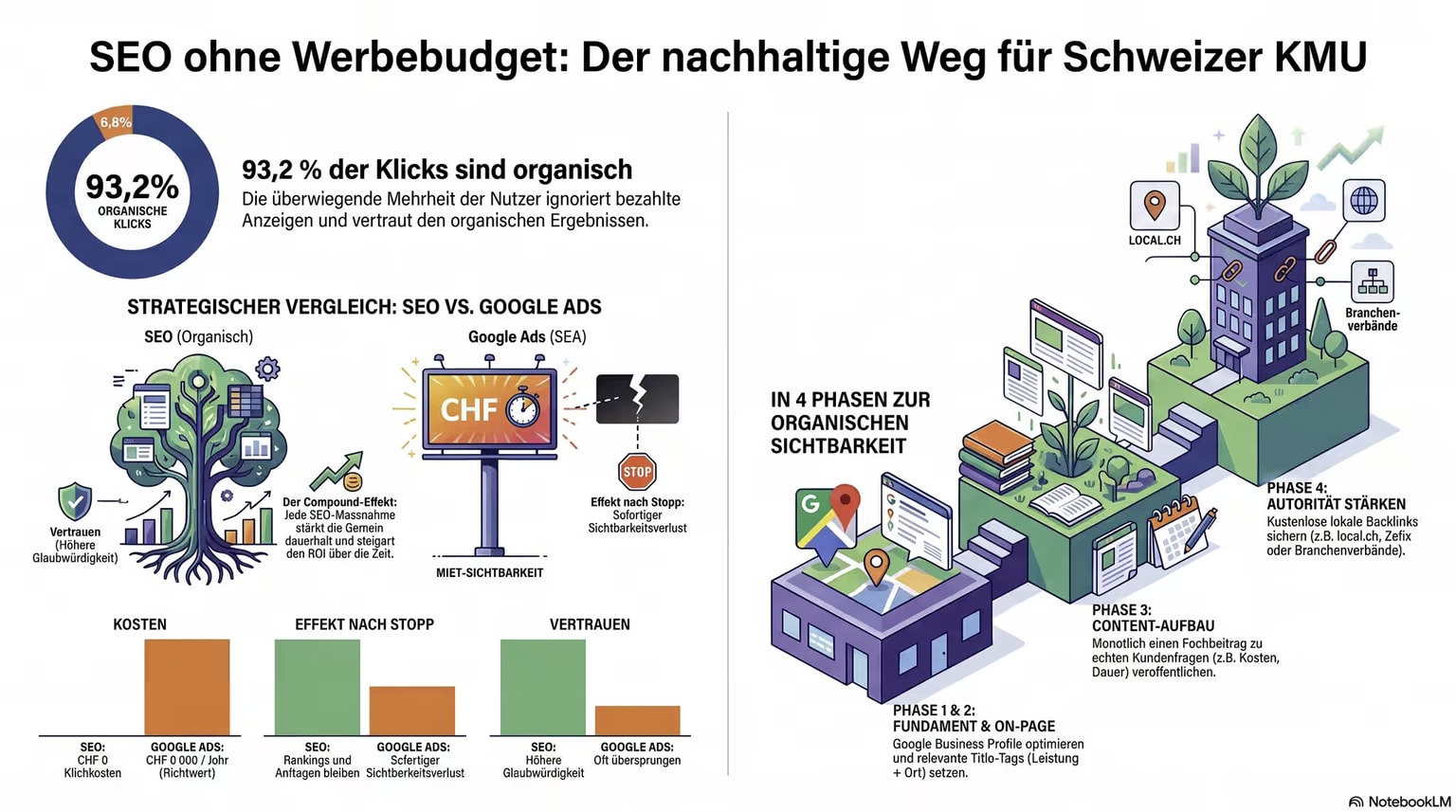 4 Phasen zur organischen SEO-Sichtbarkeit für Schweizer KMU ohne Werbebudget