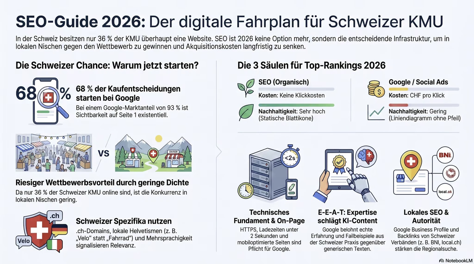 Die 5 SEO-Säulen für Schweizer KMU — Technisch, On-Page, Content, Off-Page, Lokal